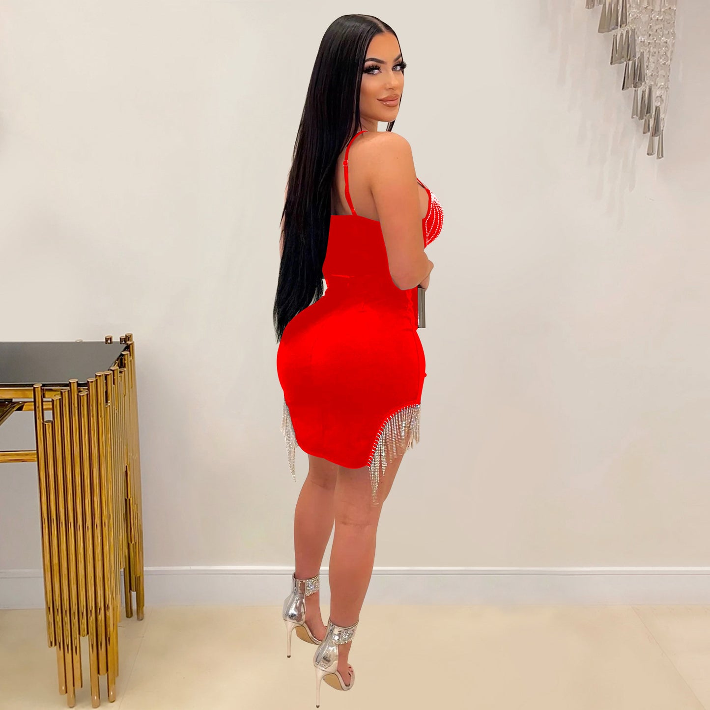 Women Wear Drilling Tassel Sleeveless Slip Dress Two Piece Set