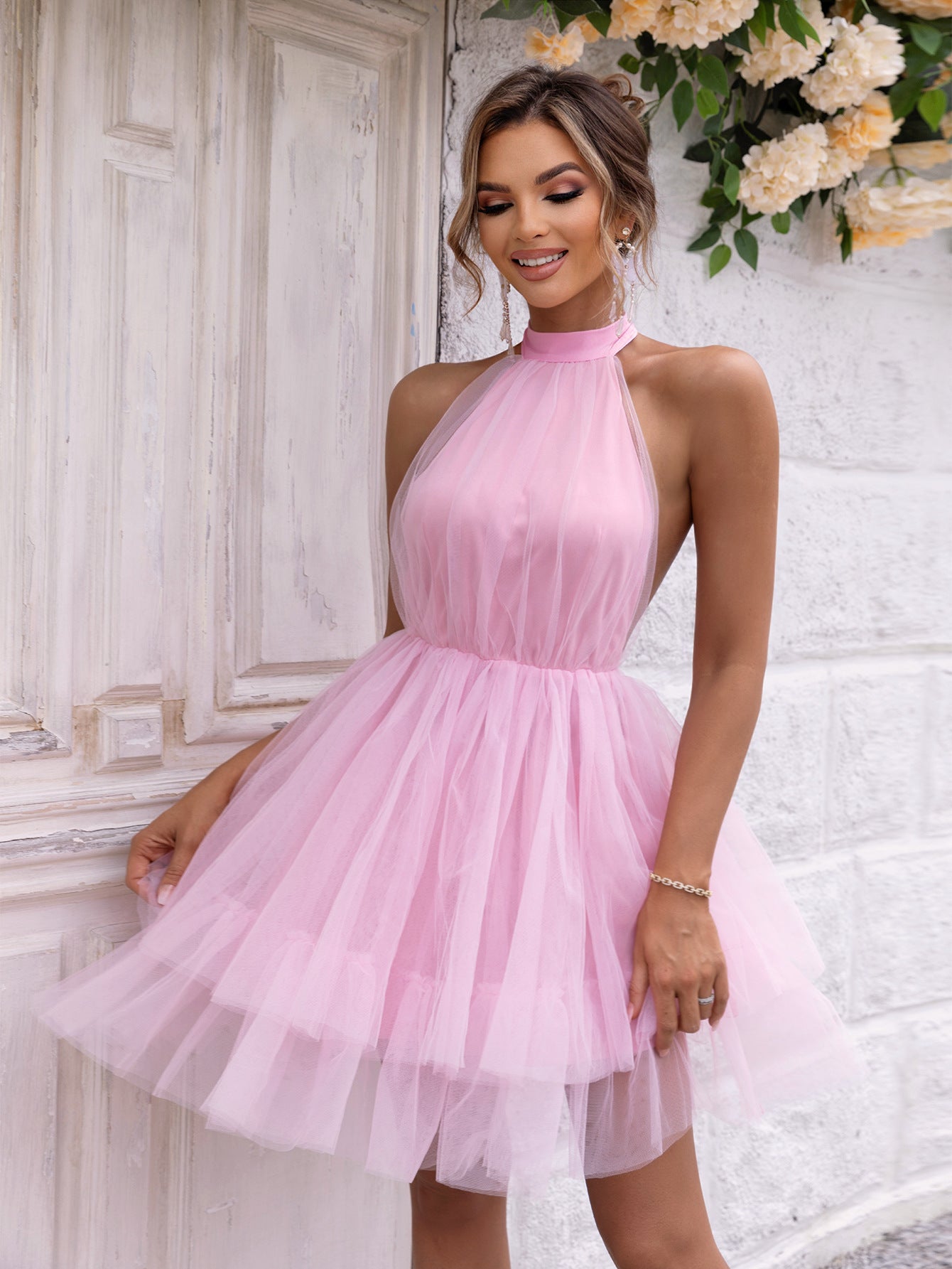 Sexy Mesh Hem Backless off Shoulder Dress