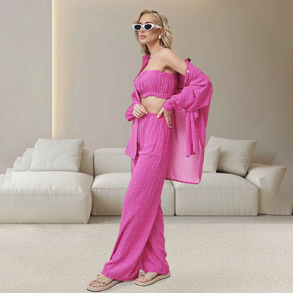 Autumn Blue Color Leopard Print Pajamas Tube Top Cardigan Long Sleeve Pants Women Homewear