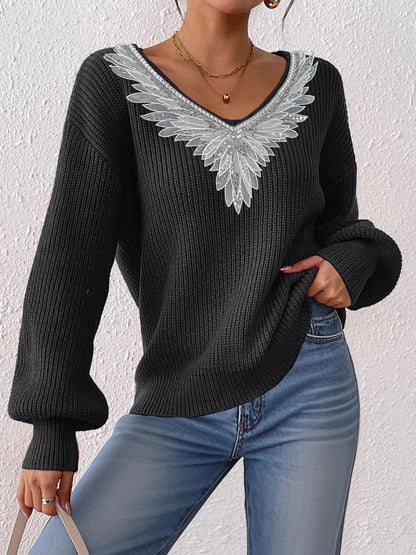 Lace Sequined Bow Tie V neck Patchwork Pullover Women Clothing Loose Lazy Long Sleeve Sweater
