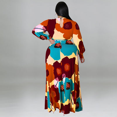Plus Size Women Clothing Long Sleeve Dress Large Floral Printing Dress Long