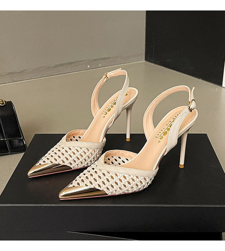 Hollowed out Woven Stiletto Sandals Women High Grade Metal Pointed Toe Strap High Heels - GLAMWEARS