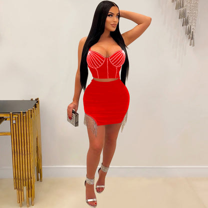 Women Wear Drilling Tassel Sleeveless Slip Dress Two Piece Set