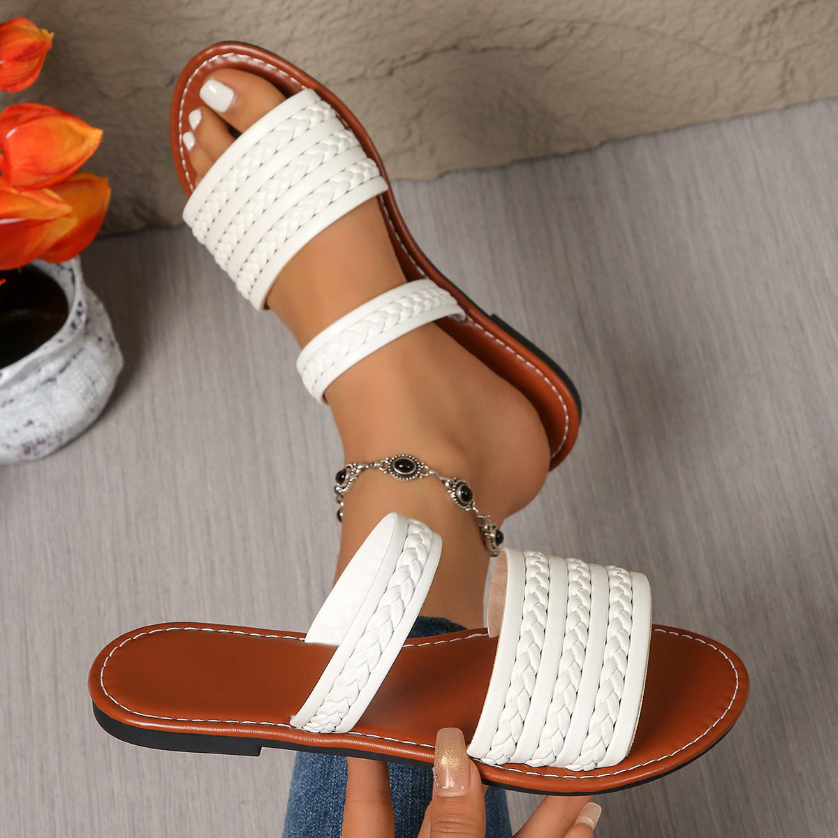 Knitted Belt Flat Slippers Women Outdoor Wear Stylish Lightweight Solid Color Beach Sandals