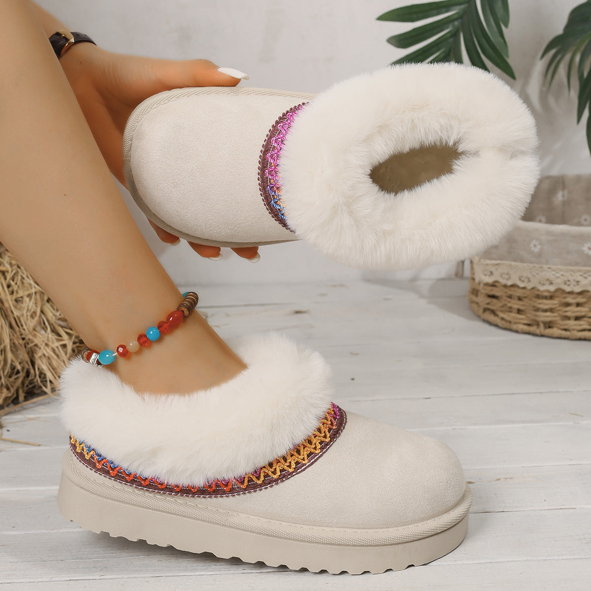 Winter Knitted Belt Wool Mouth Short Snow Boots Women Thick Bottom Thickened Fleece lined Platform Slip on Cotton Shoes