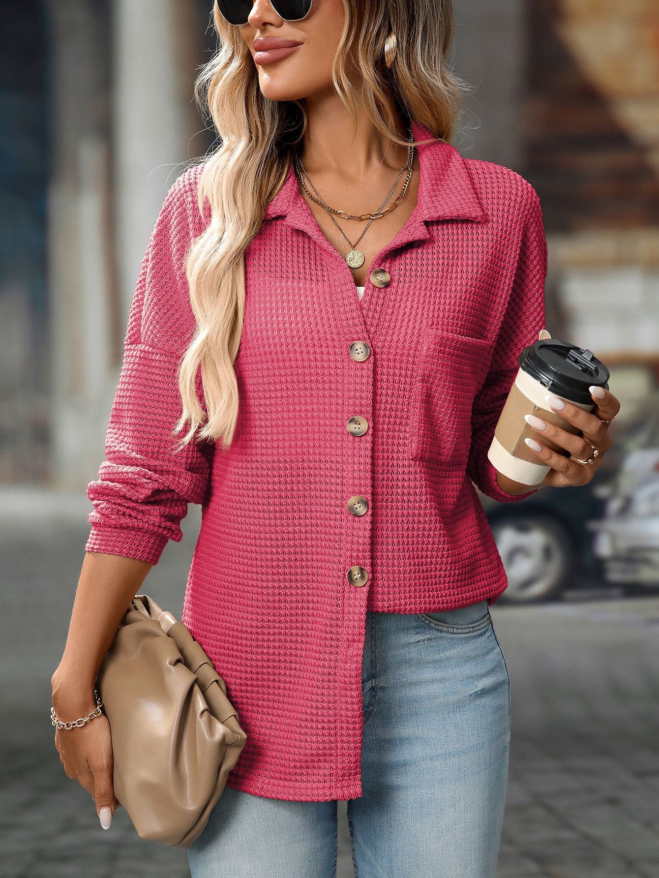 Women Autumn Winter Loose Waffle Casual Office All Matching Shirt