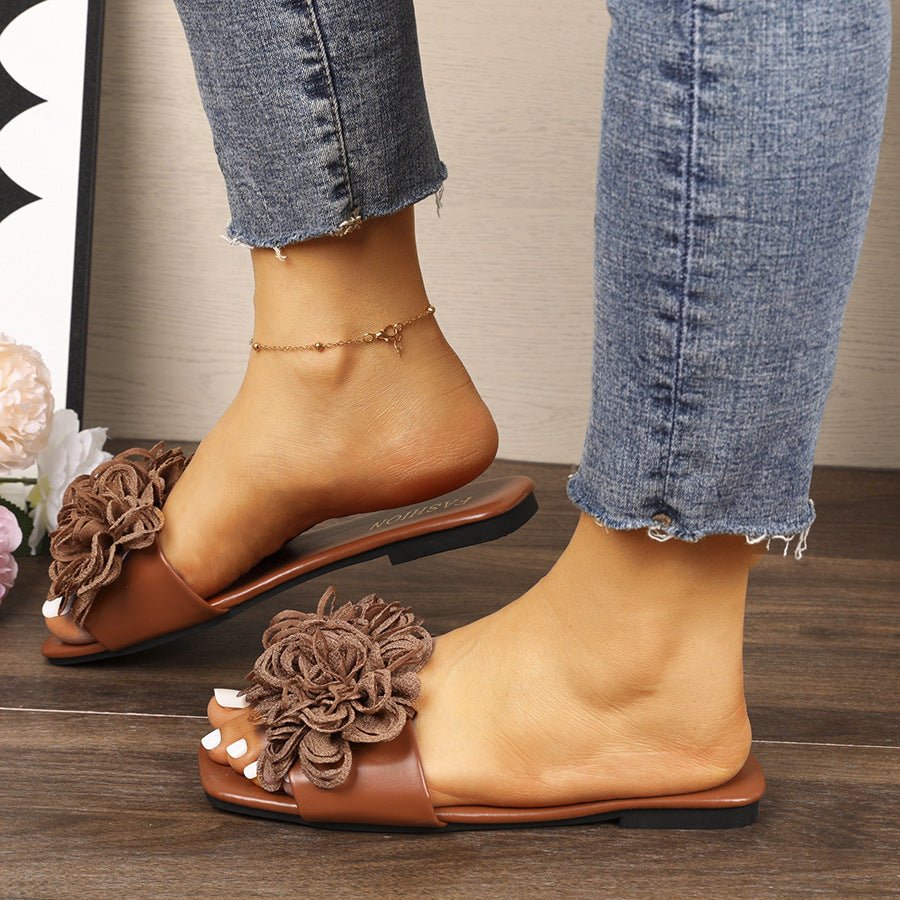 Floral Flat Square Toe Slippers for Women Outdoor Casual Lightweight Beach Slippers
