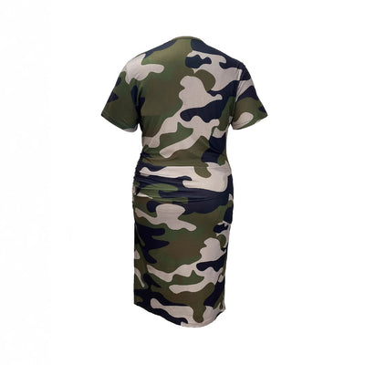 Plus Size Camouflage Printed round Neck Side Pleated High Slit Shoulder Sleeve Dress