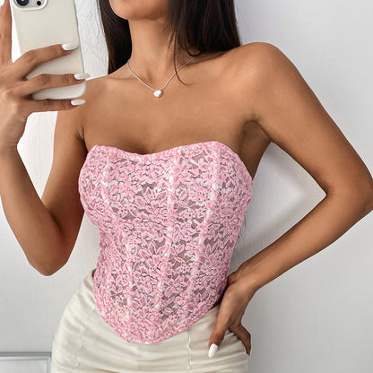 Spring Summer Travel Double Layer Floral Lace Fresh Boning Corset Detachable Shoulder Strap Tube Top Vest