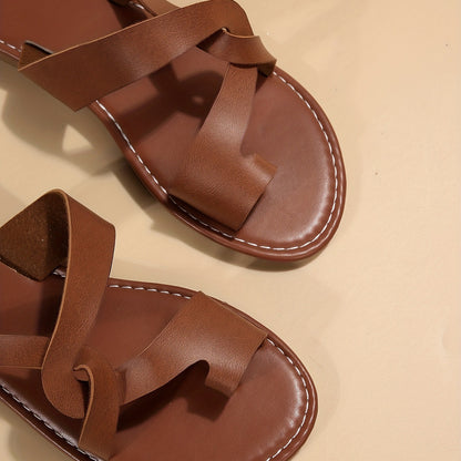 Retro Flat Bottom Toe Ring Slippers Women Wear with Cross Beach Slippers