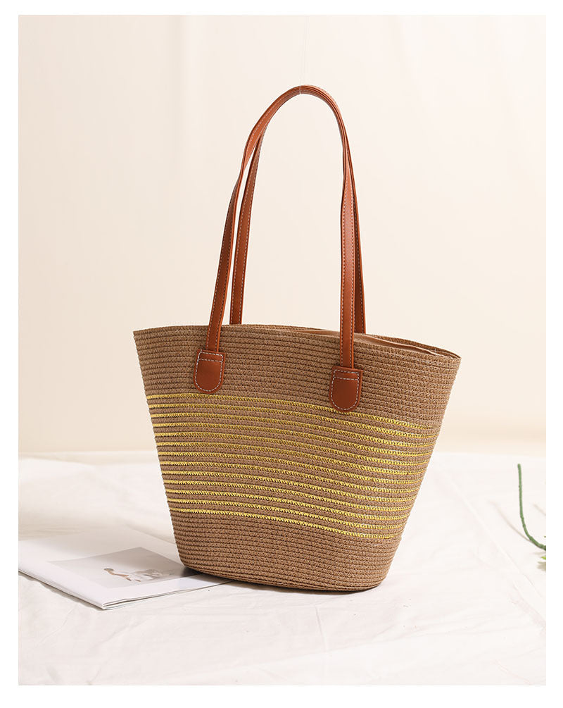 Gold Silver Thread Striped Straw Bag One Shoulder Woven Bag Vacation Beach Bag Women Bag