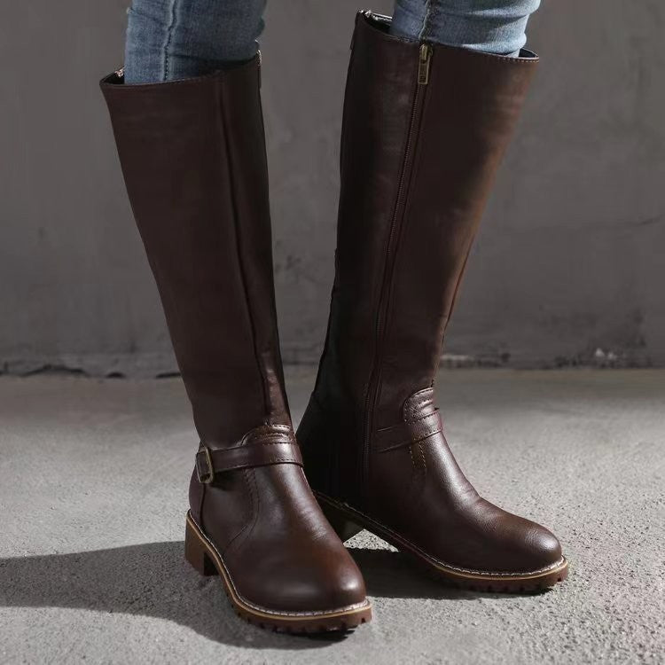 Thick Heel Long Tube Motorcycle Boots Women Side Zipper High Top Low Heel Knight Leather Boots