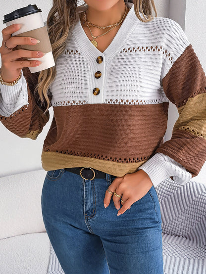 Autumn Winter Casual Button V neck Hollow Out Cutout Color Matching Lantern Sleeve Pullover Sweater Women Clothing