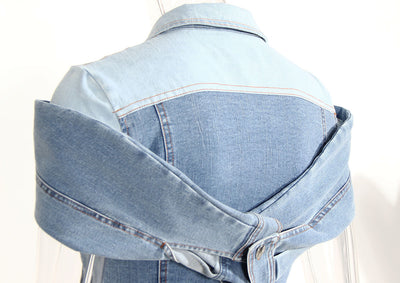 Sweet Cool Stacked Shirt Slimming Denim Shirt Spring Summer Color Matching Faux Two Piece off Shoulder Waist Tight Denim Shirt for Women