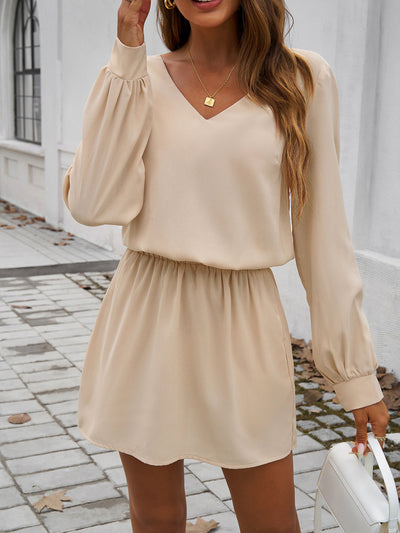 Autumn Winter Women Clothing Casual Solid Color Puff Sleeve Dress