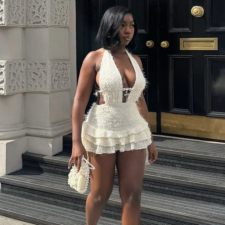 Women Clothing Dress V neck Hollow Out Cutout Pettiskirt Neck Strap Backless Fine Wool Dress - GLAMWEARS