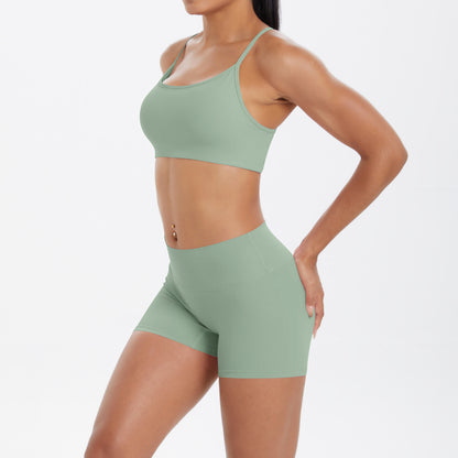 Yoga Wear Sexy Skin Friendly Beauty Back Sling Sports Bra High Waist Breathable Shorts Tights Fitness Set