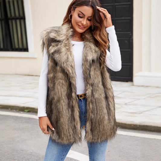 Ladies Faux Fur Suit Collar Vest Faux Fur Vest Plush Long Fur Vest