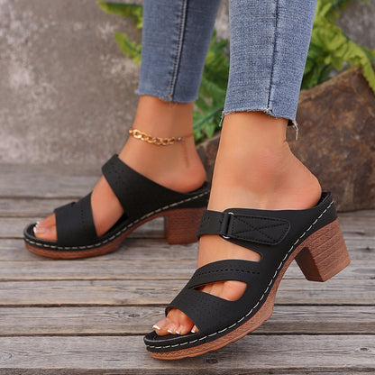 Hollow Out Cutout out Wedge Slippers Women Stitching Velcro Beach Slippers