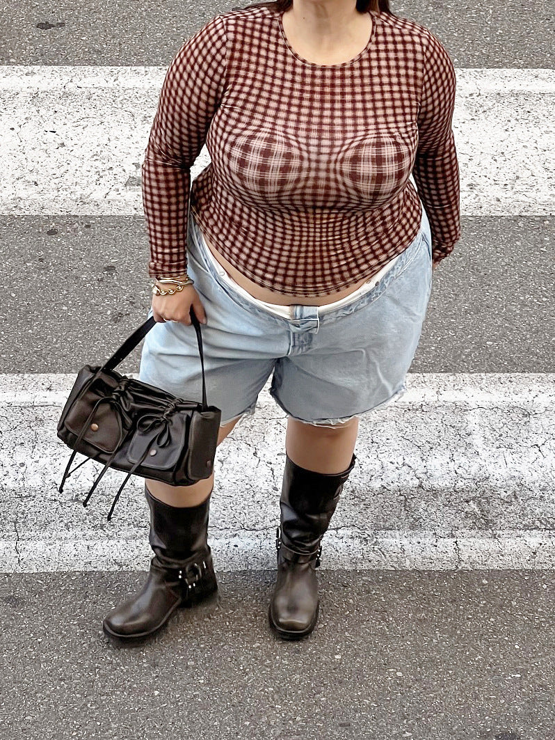 Women Clothing Best Casual round Neck Plaid Printed plus Size Top