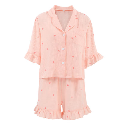 Summer Women Pajamas Crepe Cotton Heart Printing Short Sleeved Shorts Two Piece Home Wear