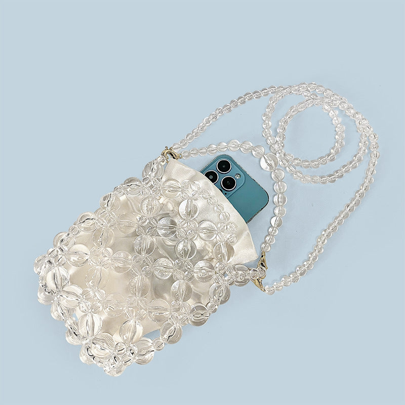 Transparent Irregular Asymmetric Hand Woven Acrylic Crystal String Beads Cocktail Mobile Phone Bag Cross Body Bucket Pouch