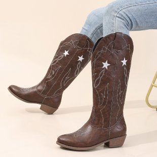 Totem Embroidery High Leather Boots Women Sewing Thread Pointed Toe Chunky Heel Knee High Boots