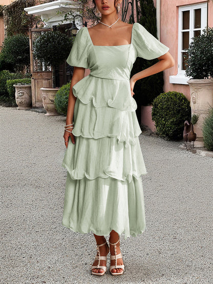 Spring Summer Casual Elegant Tiered Dress Puff Sleeve Stringy Selvedge Dress Women Clothing