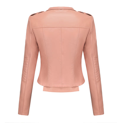 Slim Fit Long Sleeved Spring Autumn Leather Jacket Women Rivet Popular Short Jacket Zipper Leather Jacket