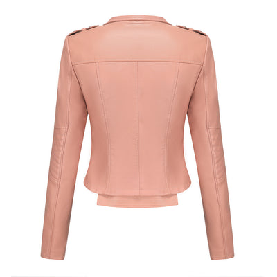 Slim Fit Long Sleeved Spring Autumn Leather Jacket Women Rivet Popular Short Jacket Zipper Leather Jacket
