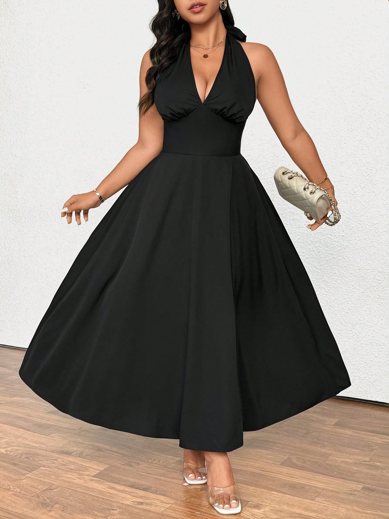 Plus Size Women Clothing French Socialite Dress Summer V neck Cocktail Dress
