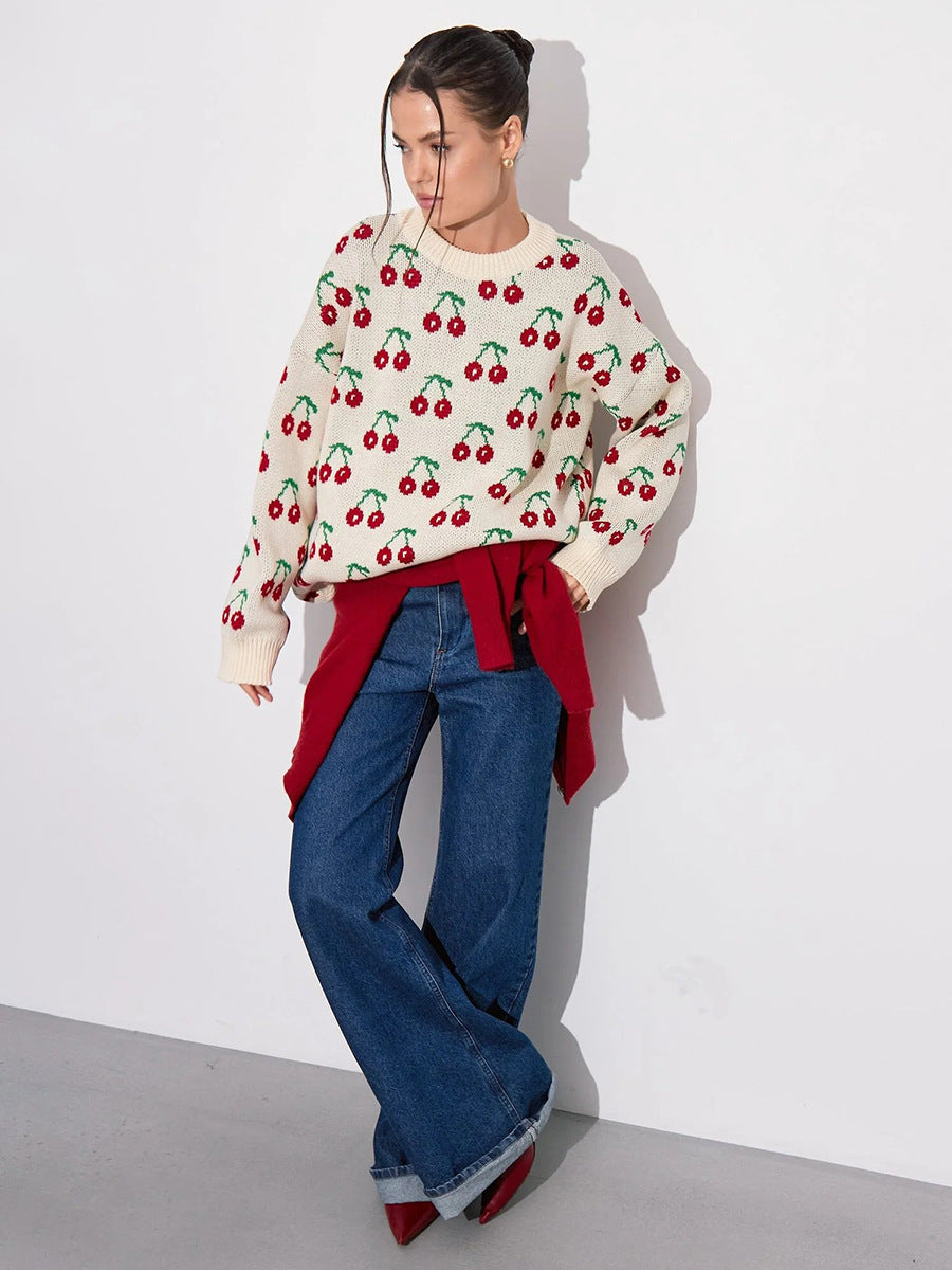 Cherry Printed Sweater Idle Loose Knitted Pullover Autumn Winter Sweet Cherry Sweater