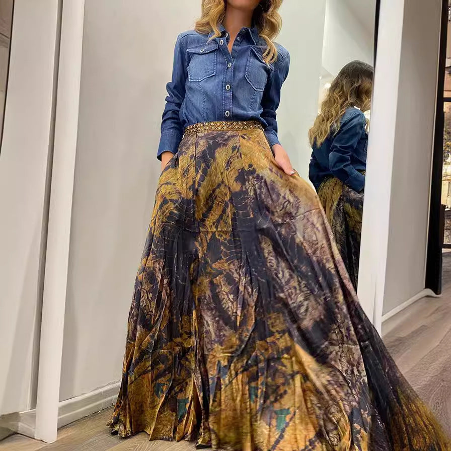 Women Autumn Retro Printed Elastic Waist Long Skirt