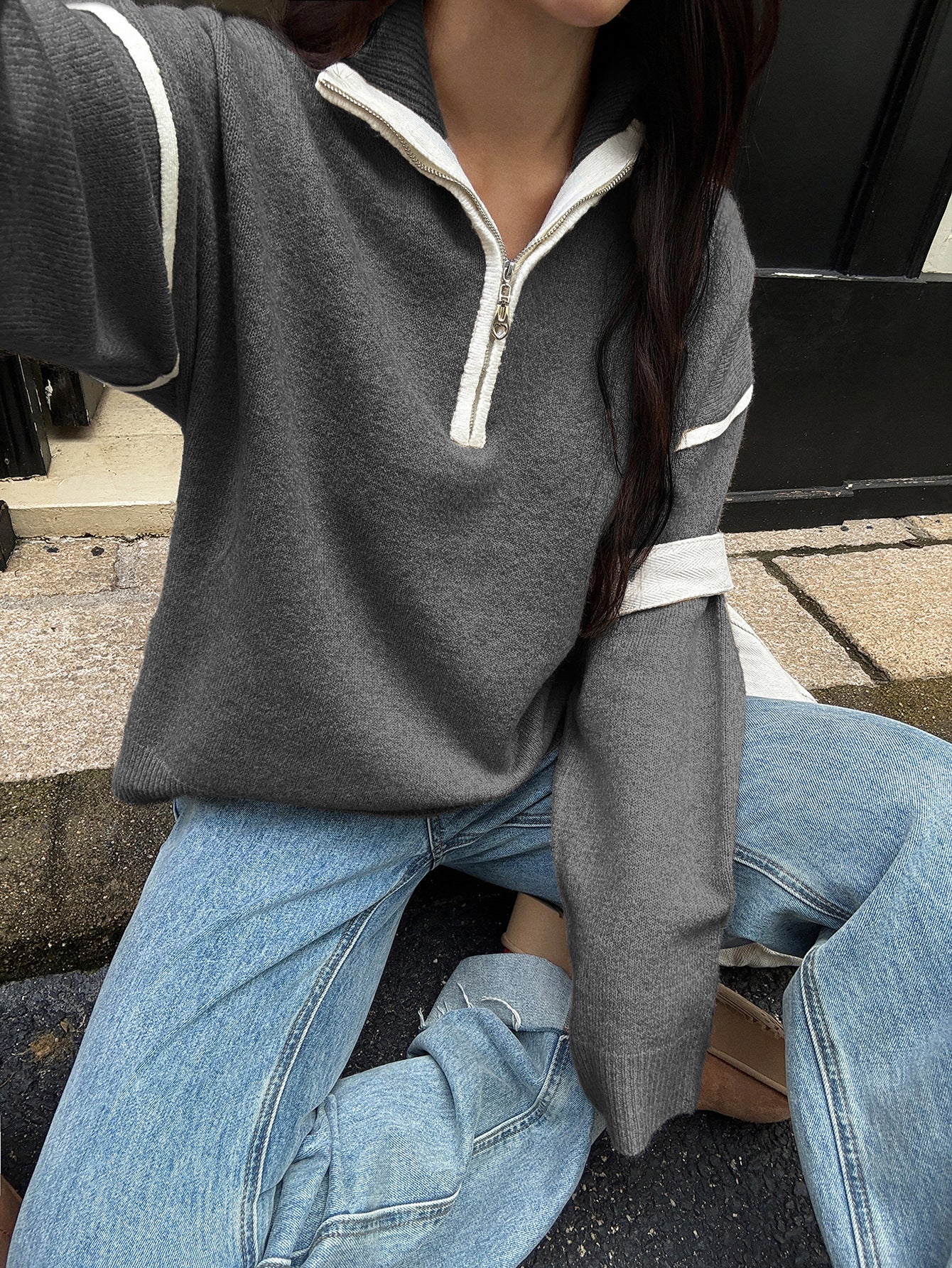 Casual Simple Solid Color Long Sleeve Zipper Sweaters Women Clothing Autumn Winter