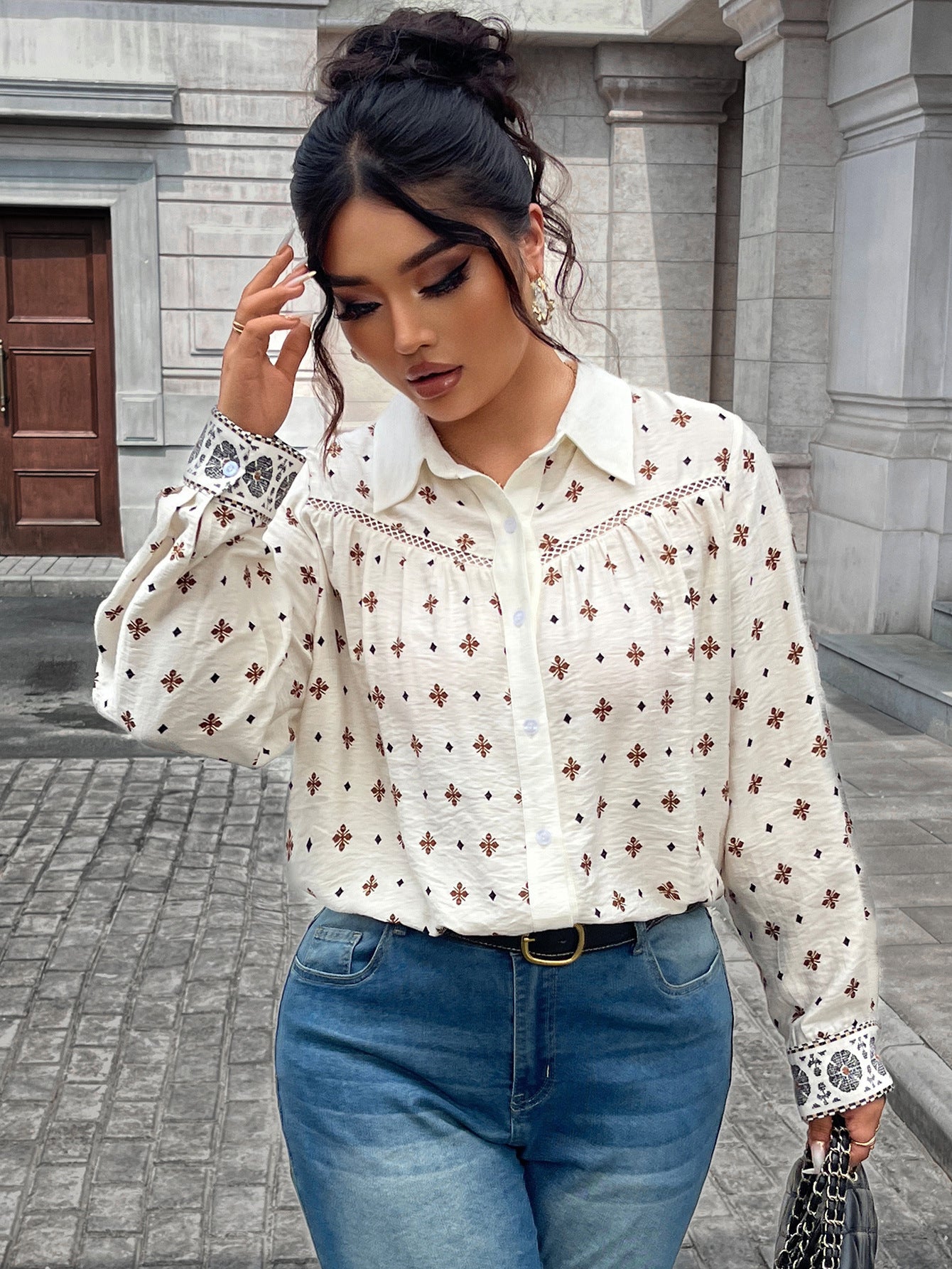 Women Shirt Top Beige Printing Hollow Out Cutout Design Polo Collar Casual Top