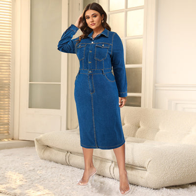 Plus Size Women Clothing Denim Collared Long Sleeve Button Mid Length Dress