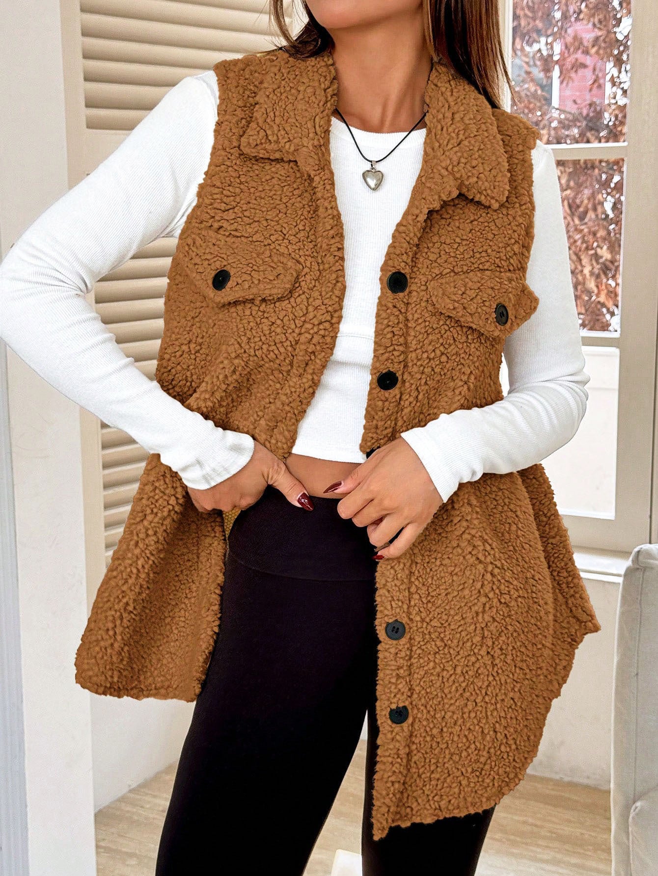 Fall Winter Lapels Open Buckle Plush Vest Cardigan Loose Office Faux Cashmere Women