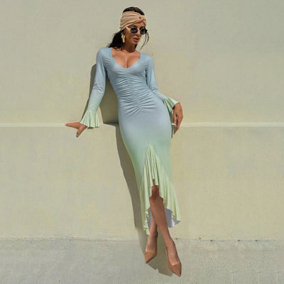 Fall Women Clothing Unique Gradient Contrast Color Slim Fit Sexy V neck Sheath Long Sleeve Dress