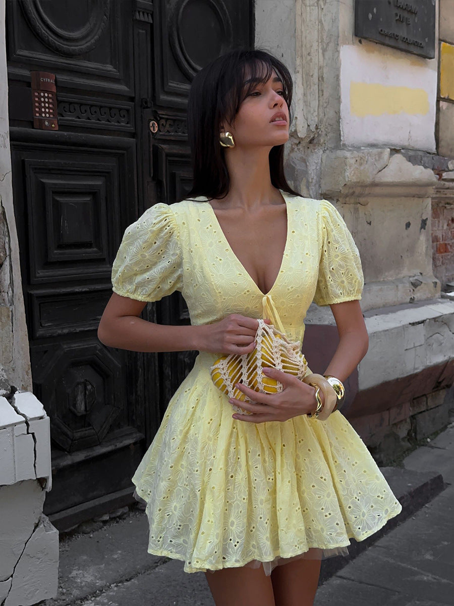 Pure Cotton Yellow Dress Summer Waist Trimming Lace up Sexy Embroidery Short Dress