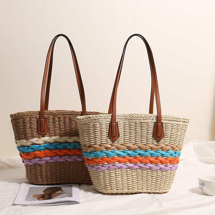 Bohemian One Shoulder Straw Bag Rainbow Stripes Straw Bag Woven Bag Vacation Beach Bag Women Bag - GLAMWEARS