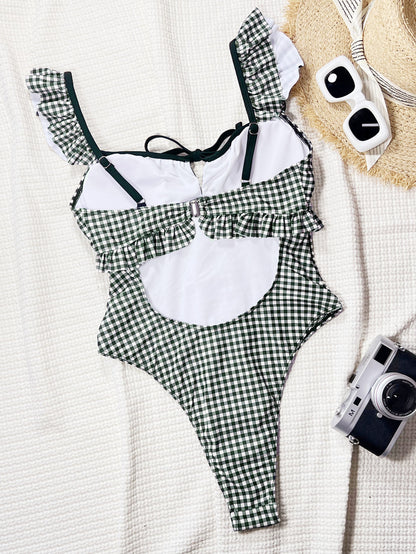 One Piece Retro Pink Plaid Sexy Backless Lace up Slimming Holiday Swimsuit