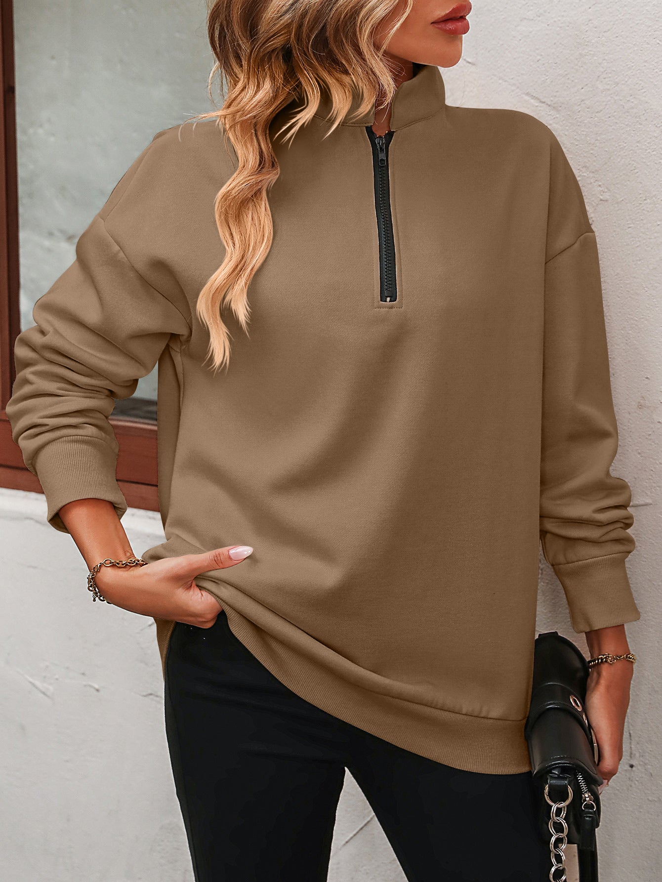 Autumn Winter Women Half Long Sleeve Zipper Sweatshirt Pullover Fleece Sweatshirt