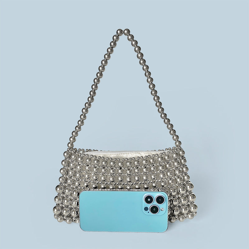 Handmade Beaded Weave Shoulder Bag Simple Handbag Silver Beaded Boat Bag - GLAMWEARS