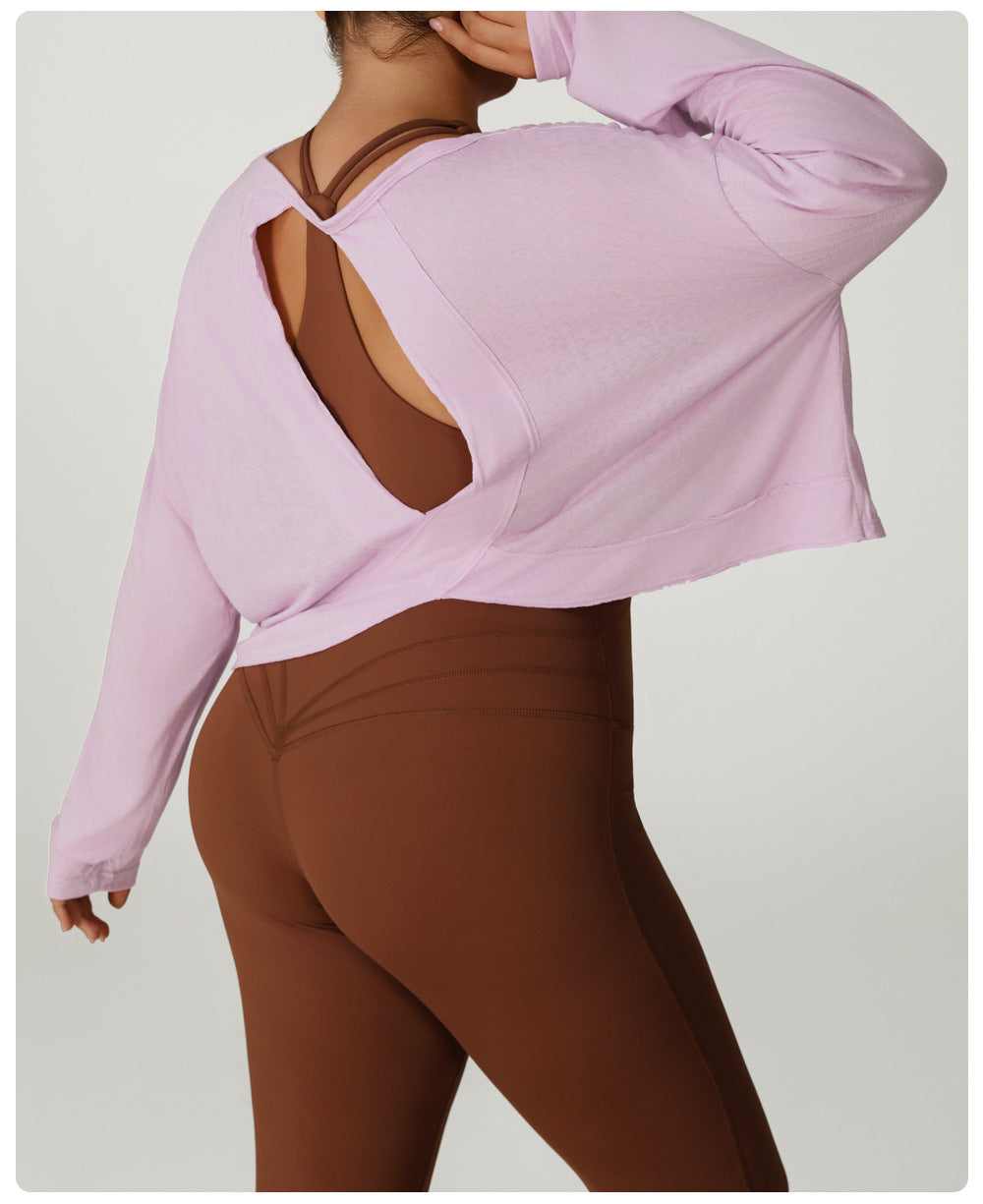 Plus Size Women Loose Sun Protection Long Sleeved Sports Blouse Women Backless Quick Drying Breathable Jacquard Yoga Workout Clothes Top