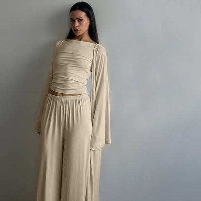 Summer Pajamas Three Piece Knitted Solid Color Top Trousers Loose Comfortable Home Wear