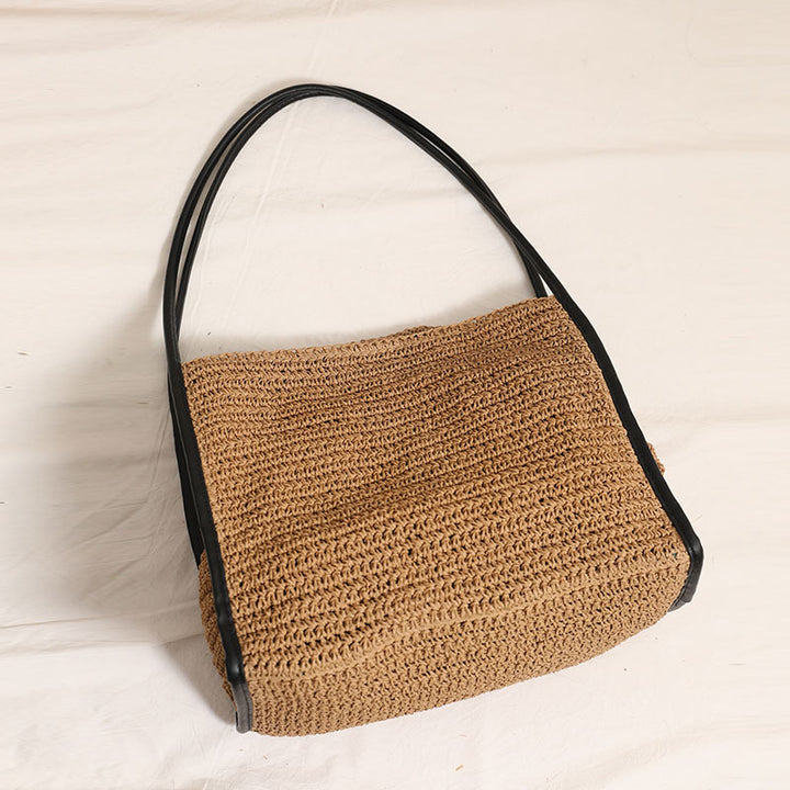 French Large Capacity Straw Bag Niche Solid Color Straw Bag Woven Bag Women Vacation Beach Bag Shoulder Bag - GLAMWEARS