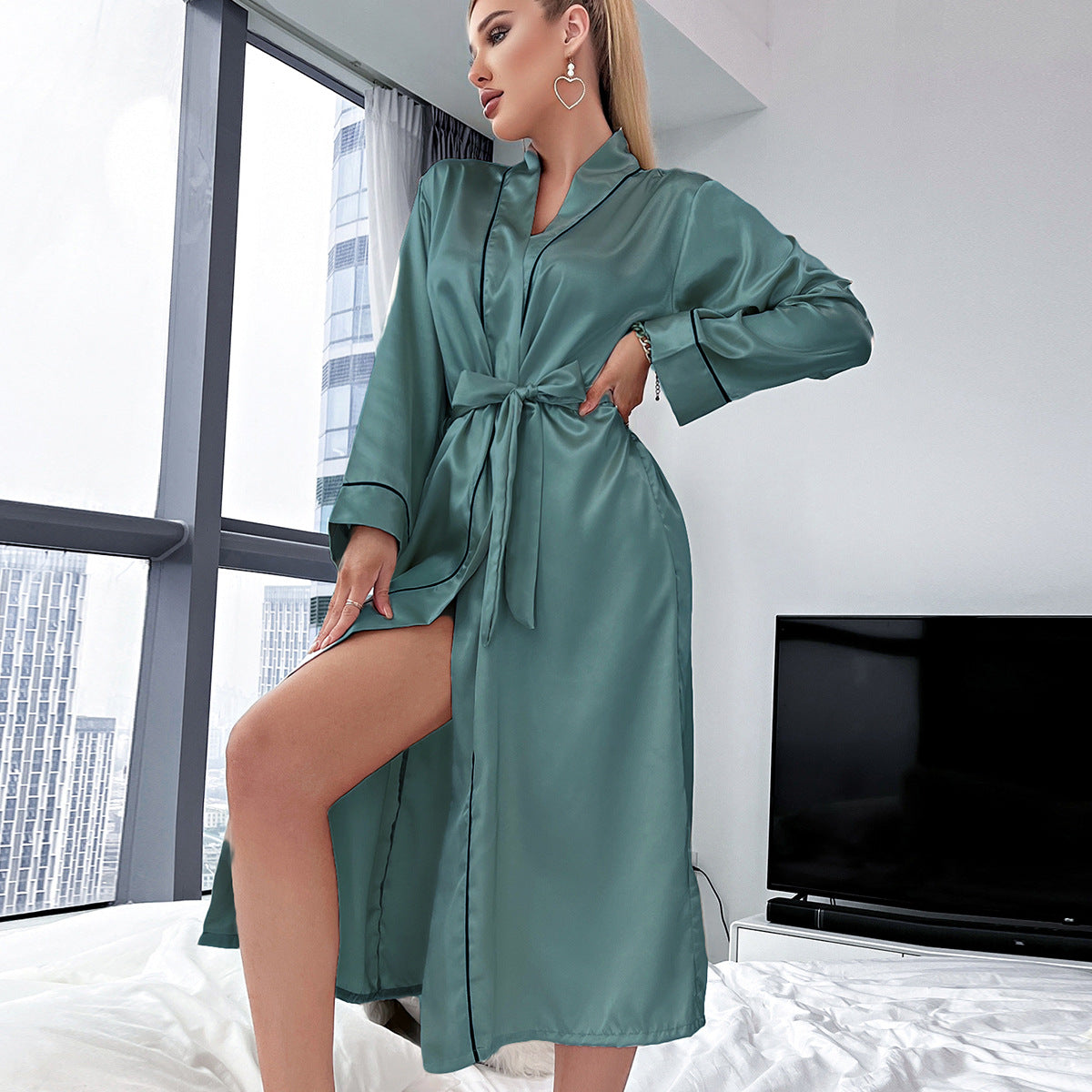 Long Ice Silk Robe Summer Thin Simple Homewear Lady Sexy Cardigan Bathrobe