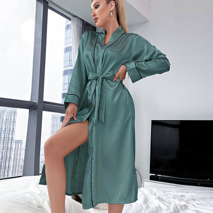 Long Ice Silk Robe Summer Thin Simple Homewear Lady Sexy Cardigan Bathrobe