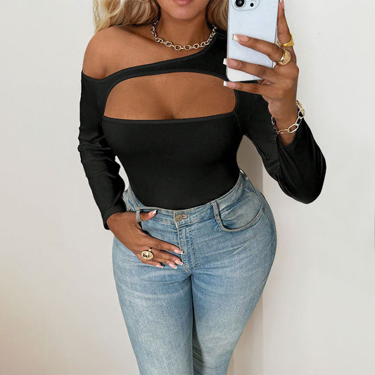 Plus Size Women Clothes Street Sexy Diagonal Collar T shirt Autumn Winter off the Shoulder Design Long Sleeve Top