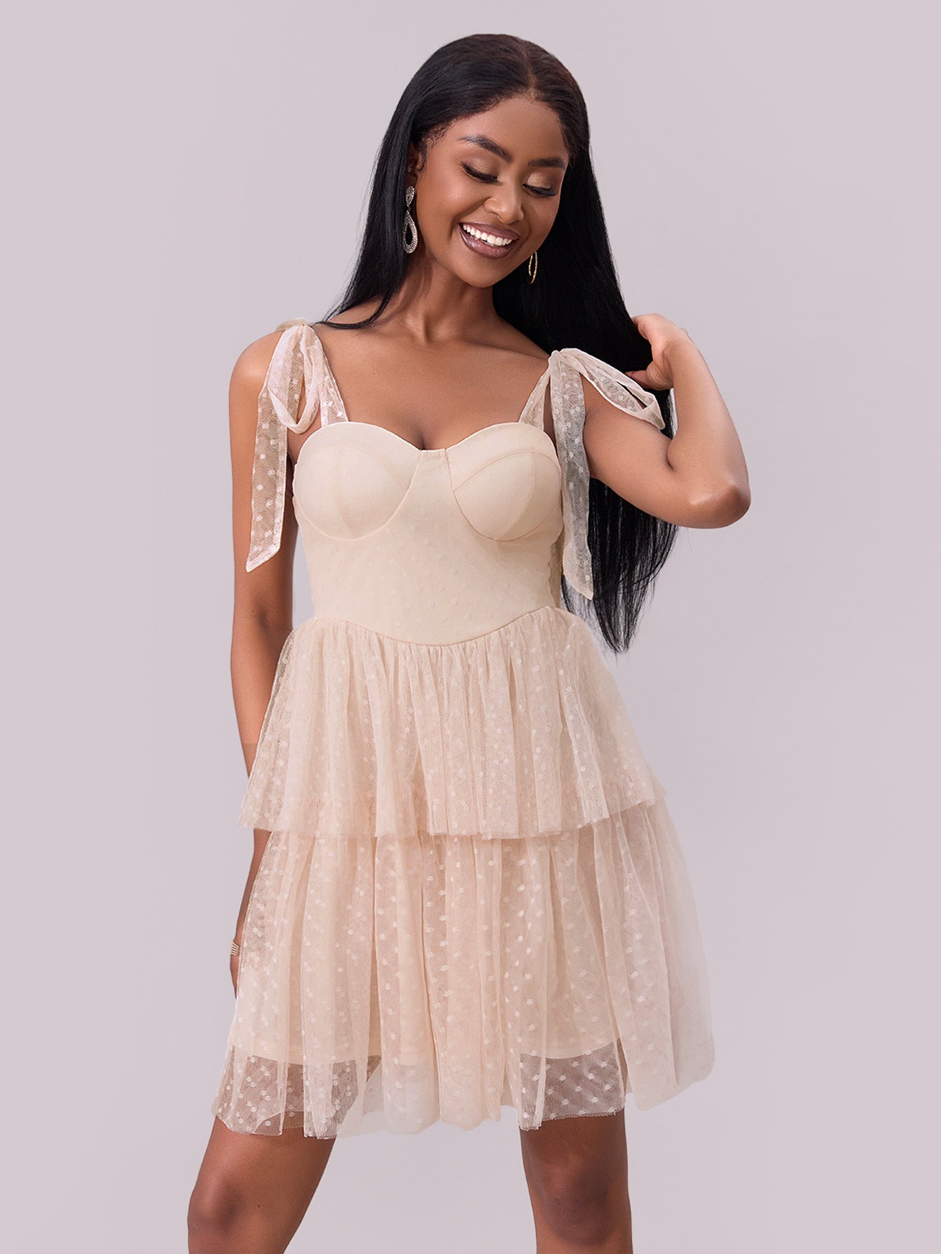 Women Clothing Evening Dress Lace up Shoulder Pleated Hem Mesh Dress